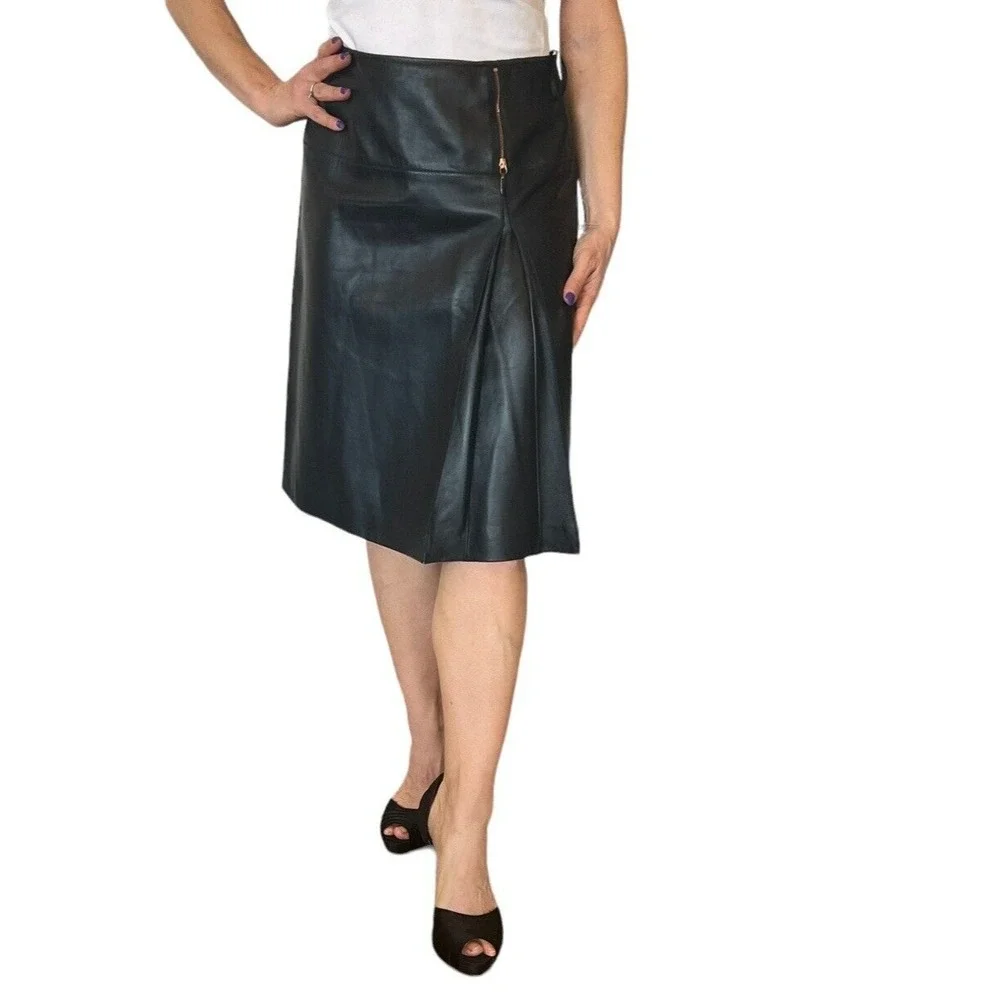RENA LANGE BLACK LAMB NAPPA SKIN LEATHER A LINE PLEAT ZIPPER WOMEN'S SKIRT SZ 6
